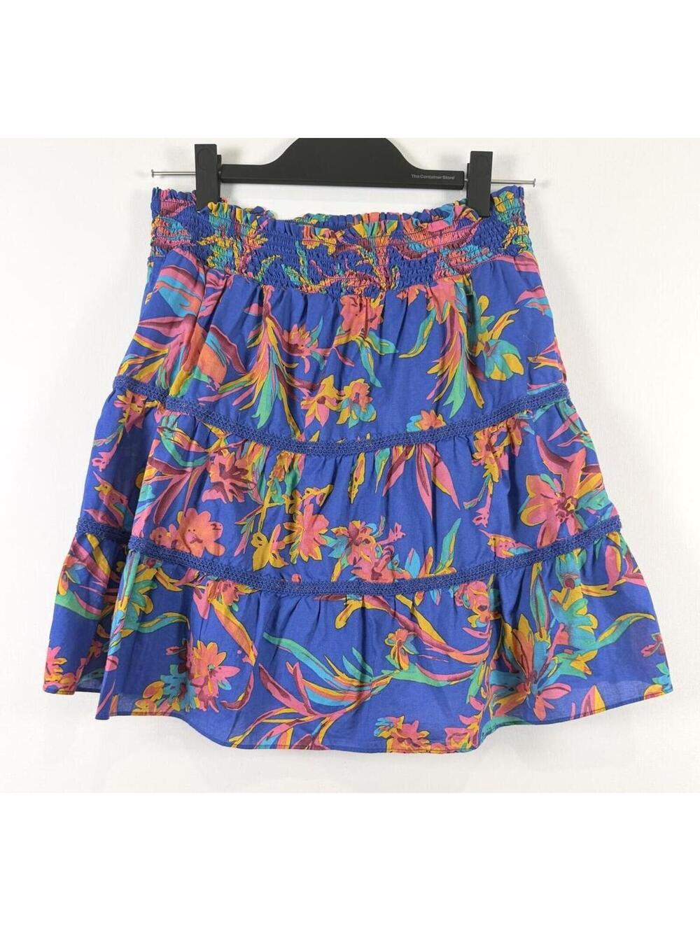 J.Crew Blue Tropical Floral Smocked Mini Skirt Cotton Lined Elastic Waist Small